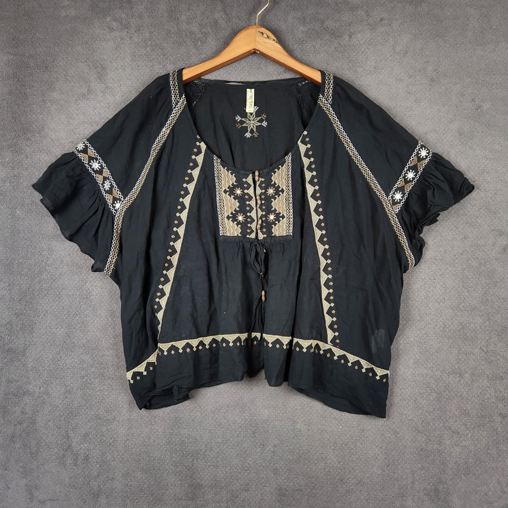 Free People Embroidered Peasant Top Womens Medium Black Flutter Sleeve Button Up